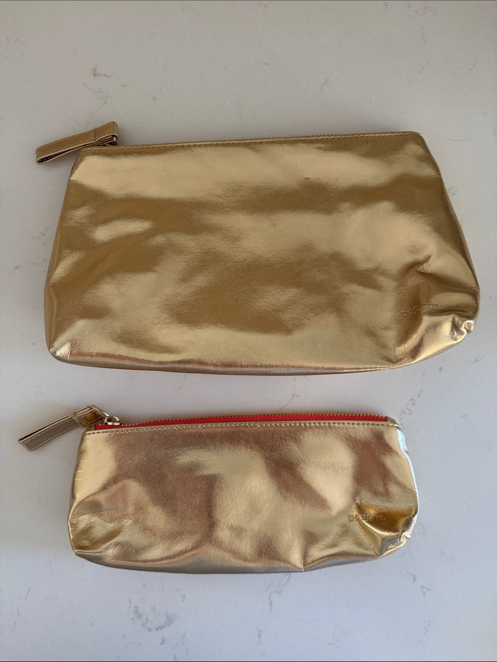 Gold Metallic Makeup Pouch Set of 2.  Sleek Travel Cosmetic Bags. NWOT